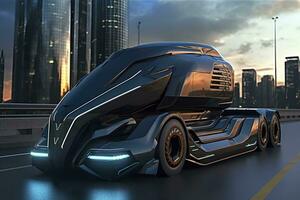 23rd Century Futuristic Truck with Hyper Modern Drive, Wide Angle Lens, and Futuristic Skyscraper in the Background. AI Generative photo