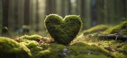 Closeup of wooden heart on moss. Natural burial grave in the woods. Generative AI photo