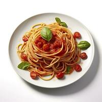 Delicious Plate of Spaghetti with Tomato Sauce on a White Background Generative AI photo