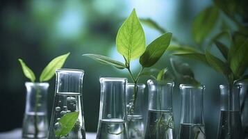 Biotechnology concept with green plant leaves, laboratory glassware, and conducting research, illustrating the powerful combination of nature and science in medical advancements.  AI Generative photo