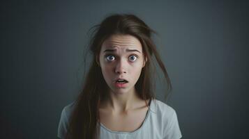 Scared Girl Looking at the Camera Isolated on the Minimalist Background photo