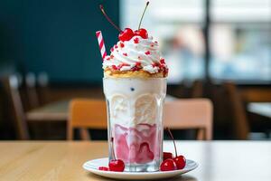 A glass of tasty milkshake and cherry on the table. Generative AI. photo