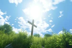 The cross of God with green Leaf, in the rays of the sun and blue sky. Cross on the hill with green trees and graeen natural view. Religious concept, AI Generative photo
