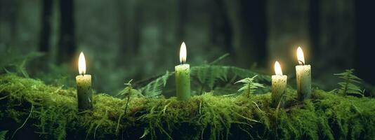 Burning candles on moss, dark green blurred the natural background. Magic candle. Generative AI photo