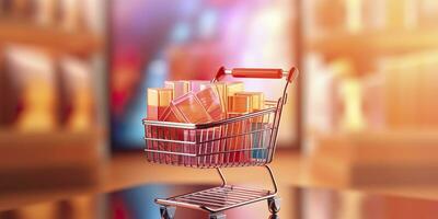 E-Commerce Shopping Cart with Multiple Products. A Sunlit Abstract Background. E-commerce concept. AI Generative photo