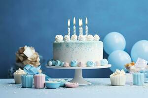 Birthday cake with candles and sweets on white table near blue wall. Generative AI photo