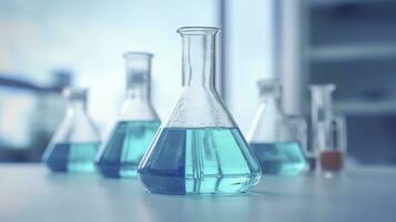 A Science Beaker in the laboratory on a table white and light blue background.. laboratory equipment out of focus. AI Generative photo