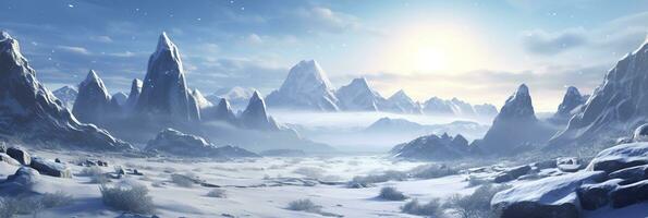 vast desolated snow land, big mountains in the background, snowfall with light blue sky and light blue colors, peaceful atmosphere,  AI Generative photo