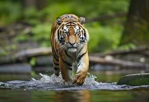 Amur tiger walking in the water. Dangerous animal.  Animal in a green forest stream. Generative AI photo