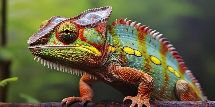 A colorful close up chameleon with a high crest on its head. Generative AI photo
