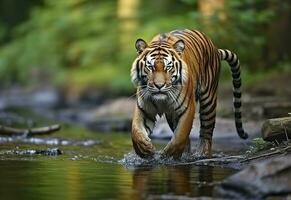 Amur tiger walking in the water. Dangerous animal.  Animal in a green forest stream. Generative AI photo