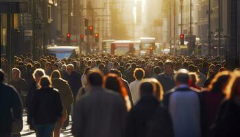 multitud de personas caminando ocupado ciudad calle retroiluminado generativo ai foto