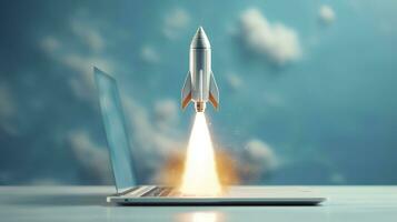 A small rocket takes off from a Laptop with vibrant color combinations in light sky blue and light gray colors for a website, business, and financial success concepts.  AI Generative photo