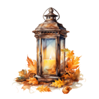 Watercolor Fall Lantern with Leaves isolated on a transparent background AI Generative png