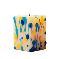 A Colorful Candle With Yellow And Blue Dots Is Lit On a transparent Background AI Generative png