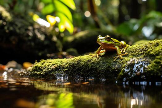 un de cerca de un verde rana sentado en un rock en agua. ai generativo foto