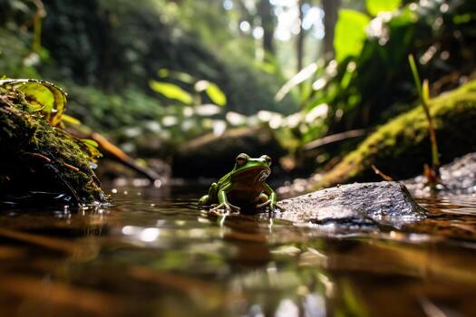 un de cerca de un verde rana sentado en un rock en agua. ai generativo foto