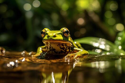 un de cerca de un verde rana sentado en un rock en agua. ai generativo foto