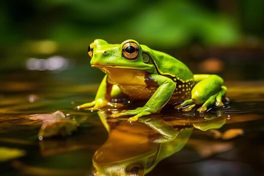 un de cerca de un verde rana sentado en un rock en agua. ai generativo foto