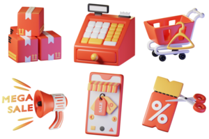 E-Commersce items. Isolated on transparant background. 3D illustration. High resolution png