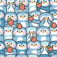 Repeat.Seamless pattern of cute penguin with strawberry in various poses background.Bird vector