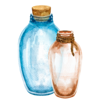 Watercolor illustration hand drawn glass bottle for potion . Halloween party png