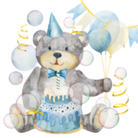 Watercolor illustration, Cute cartoon teddy bear with a balloon and a cake, with soap bubbles png