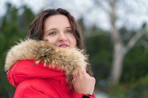 Woman hides her face from cold in hood of red winter jacket. Portrait against background of coniferous forest photo