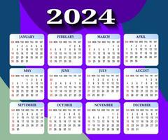 2024 One page wall calendar design template, modern 12 months one page calendar. Modern wall calendar design 2024. Print Ready One Page wall calendar template design for 2024. Week starts on Sunday. vector