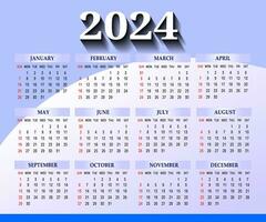 2024 One page wall calendar design template, modern 12 months one page calendar. Modern wall calendar design 2024. Print Ready One Page wall calendar template design for 2024. Week starts on Sunday. vector