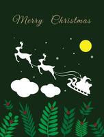Merry Christmas and Happy New Year, Santa Claus drives sleigh with reindeer on the starry sky, flat cartoon style, vector illustration.