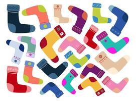 Set of trendy colorful socks. Hand-drawn accessories. Modern socks in different colors top down view. vector