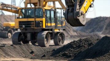 worker industrial quarry open mine. In background blurred loading photo