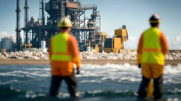 worker industrial quarry open mine. In background blurred loading photo