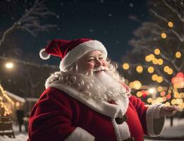 ai generativo Papa Noel claus disfruta siendo con niños en el bendito Navidad víspera foto