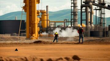 worker industrial quarry open mine. In background blurred loading photo