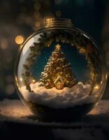 ai generative vibrant cozy stunning winter Christmas tree inside clear crystal ball photo