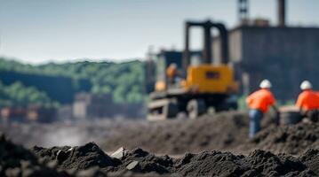 worker industrial quarry open mine. In background blurred loading photo