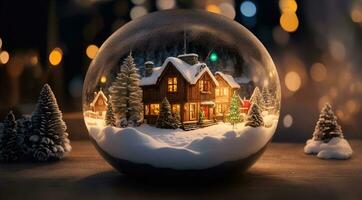 ai generativo vibrante acogedor maravilloso invierno Navidad árbol dentro claro cristal pelota foto