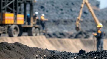 worker industrial quarry open mine. In background blurred loading photo