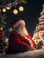 ai generativo Papa Noel claus disfruta siendo con niños en el bendito Navidad víspera foto