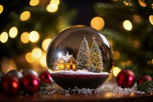 ai generative vibrant cozy stunning winter Christmas tree inside clear crystal ball photo