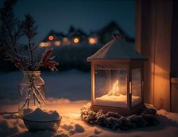 ai generativo un vibrante acogedor linterna decoración Navidad noche foto