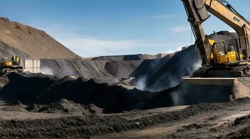 worker industrial quarry open mine. In background blurred loading photo