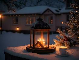 ai generativo un vibrante acogedor linterna decoración Navidad noche foto