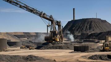 worker industrial quarry open mine. In background blurred loading photo