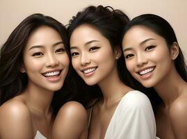 AI Generative, Nature young Beauty. Multi Ethnic Group of Womans with diffrent types of skin together photo