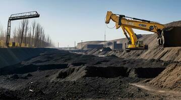 worker industrial quarry open mine. In background blurred loading photo