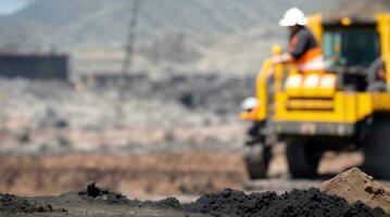 worker industrial quarry open mine. In background blurred loading photo