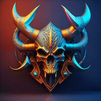 AI Generative, 3d illustration of a skull with horns and shield photo